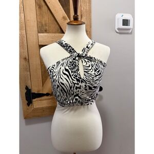 Birdsong Leopard Luxe Twist Front Halter Bikini Top Black White 32I S10181 NWT